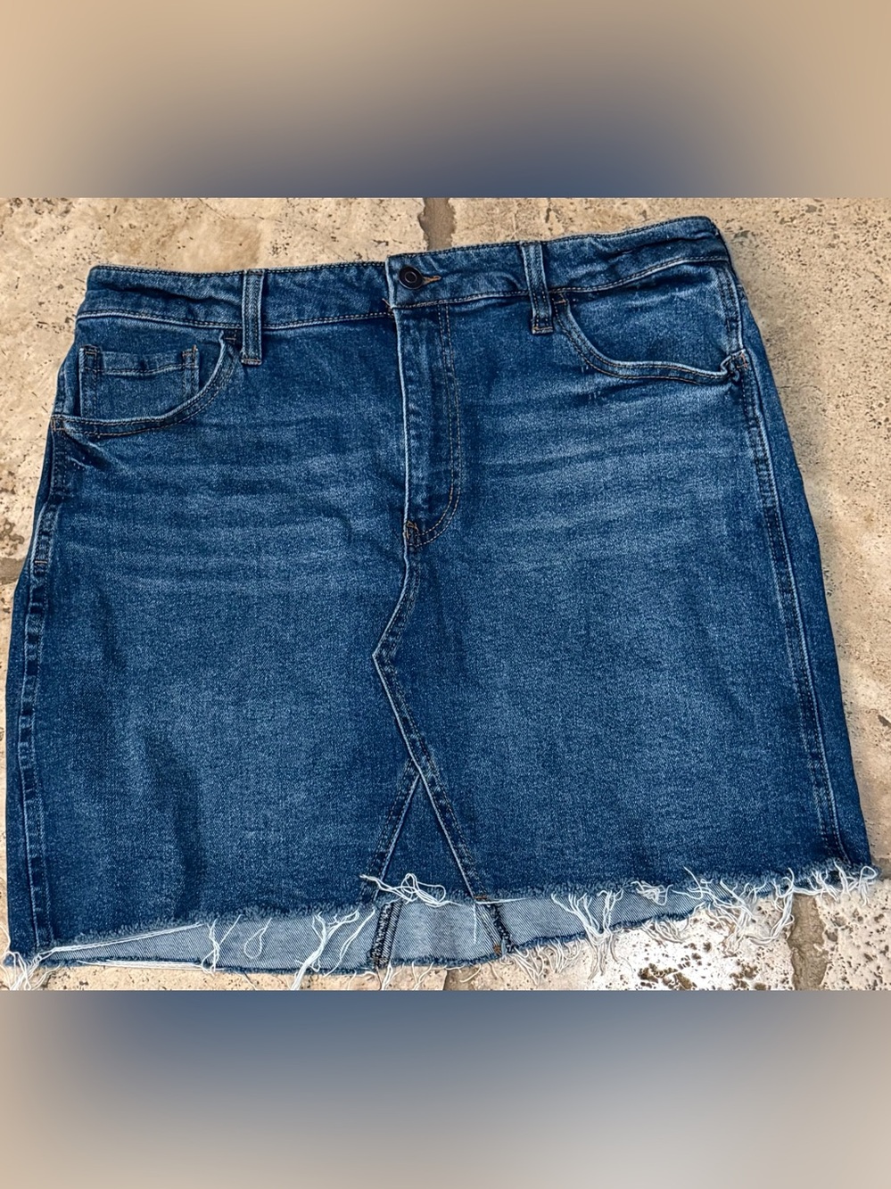 Women's Dark Blue Denim Mini Skirt - Frayed Hem